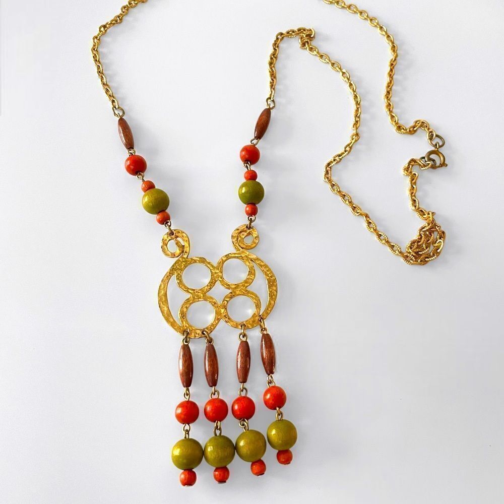 Gold Tone Chain Wood Bead Necklace